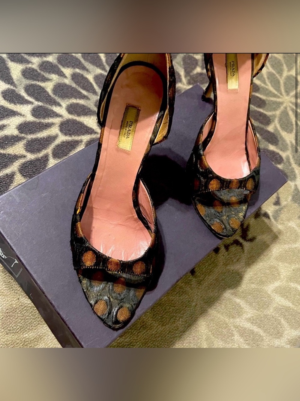 Prada Black & Brown Polka Dot Open-Toe Heels with Pink Insole 37.5